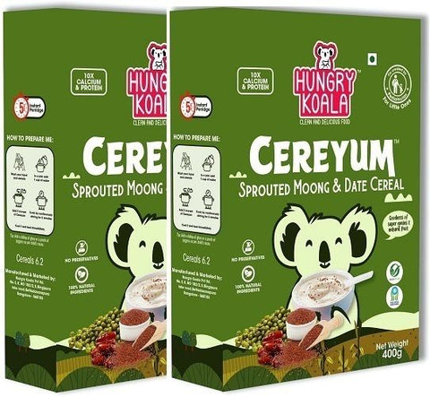 HUNGRY KOALA Cereyum Sprouted Moong & Date Cereal for Kids, 100% Natural, No added Sugar Cereal (200g, Pack of 2, 6+ Months)