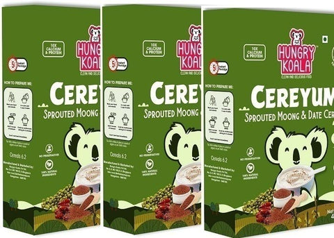 HUNGRY KOALA Cereyum Sprouted Moong & Date Cereal for Kids, 100% Natural, No added Sugar Cereal (600 g, Pack of 3, 6+ Months)