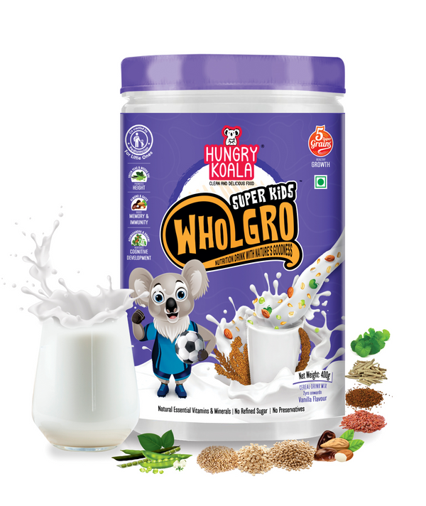Wholgro Superkids - VANILLA  Nutrition drink mix (MADE WITH RAGI, JOWAR, PEAS, ALMOND, DATES &  JAGGERY) 2 YEARS ONWARDS 400g