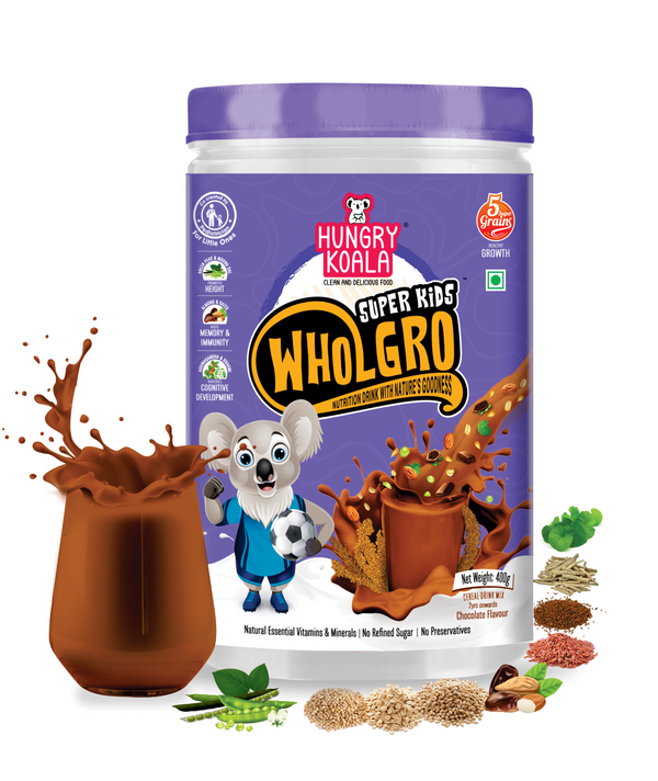 Wholgro Superkids - CHOCOLATE Nutrition drink mix (MADE WITH RAGI, JOWAR, PEAS, ALMOND, DATES, & JAGGERY) 2 YEARS ONWARDS 400g